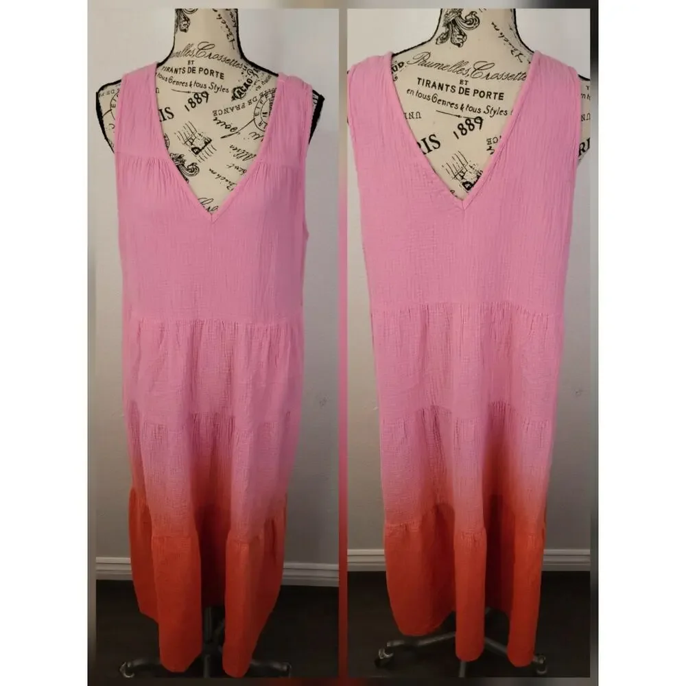 Marine Layer Maxi Dress SZ L Corinne Double Cloth Cotton Dip Dye Lagenlook Gauze